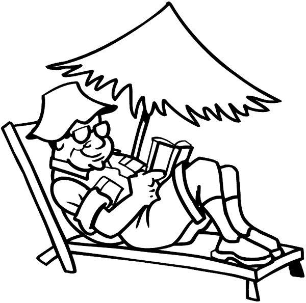 Man on lounge under umbrella reading a book vinyl sticker. Customize on line. Vacations Trips Attractions 051-0325